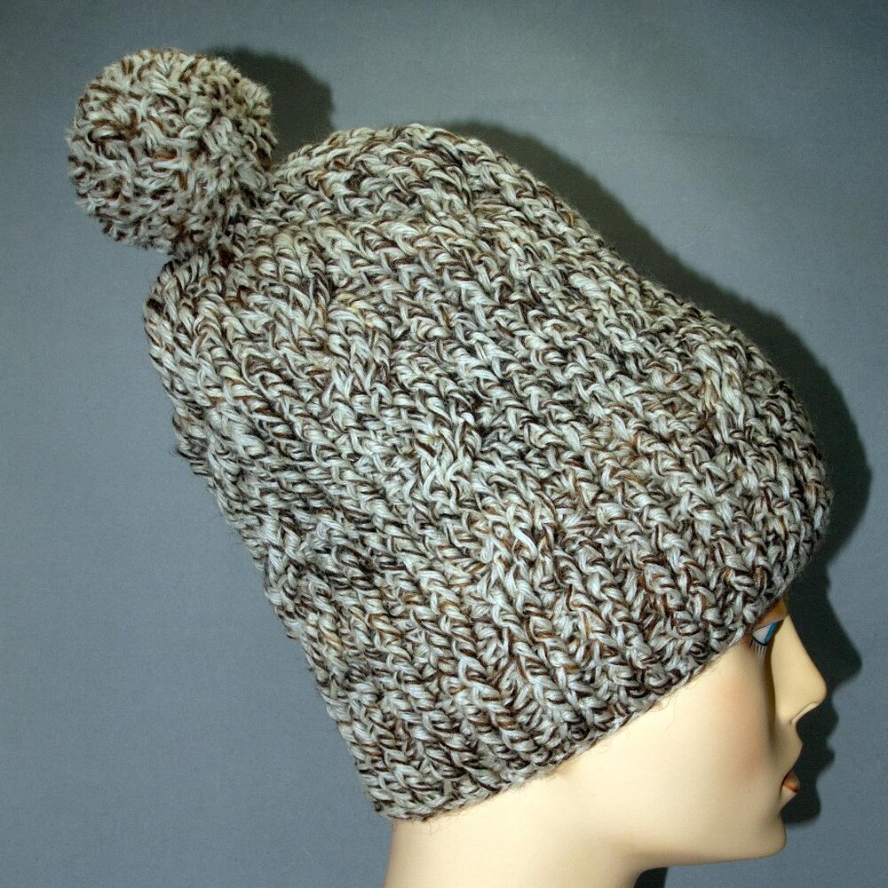 Crochet Beanie Tweed Cream and Brown Color with Pom Pom Handmade
